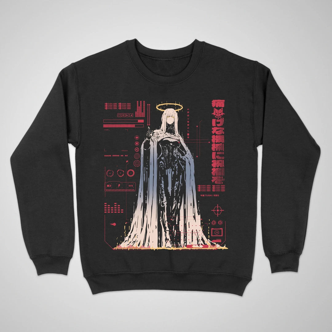 Bless The Machine — black anime cyberpunk crewneck sweatshirt, haloed faceless figure melting into red HUD static