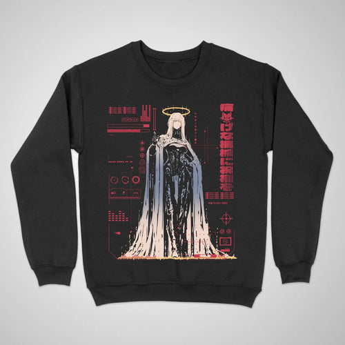Bless The Machine — black anime cyberpunk crewneck sweatshirt, haloed faceless figure melting into red HUD static