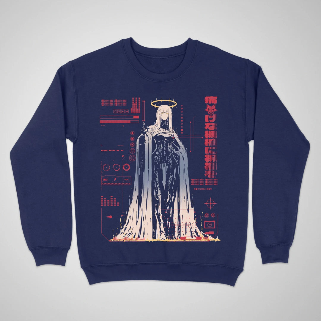 Bless The Machine — navy anime cyberpunk crewneck sweatshirt, haloed faceless figure melting into red HUD static