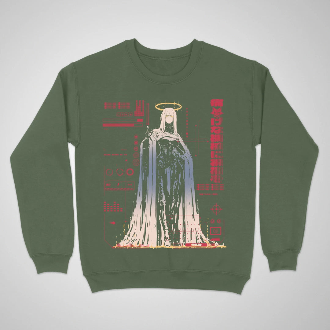 Bless The Machine — military green anime cyberpunk crewneck sweatshirt, haloed faceless figure melting into red HUD static