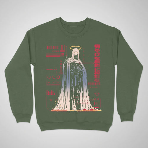 Bless The Machine — military green anime cyberpunk crewneck sweatshirt, haloed faceless figure melting into red HUD static