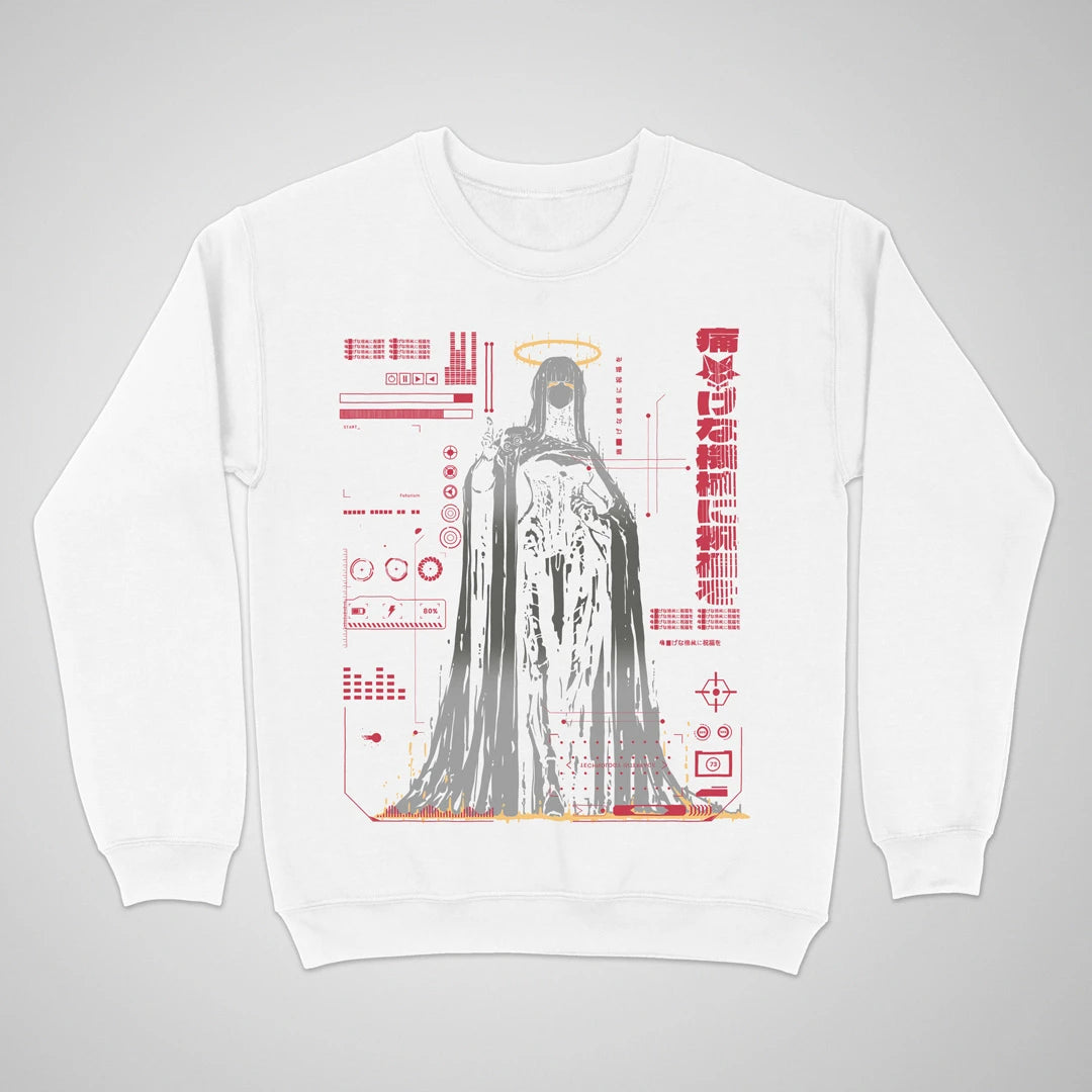 Bless The Machine — white anime cyberpunk crewneck sweatshirt, haloed faceless figure melting into red HUD static