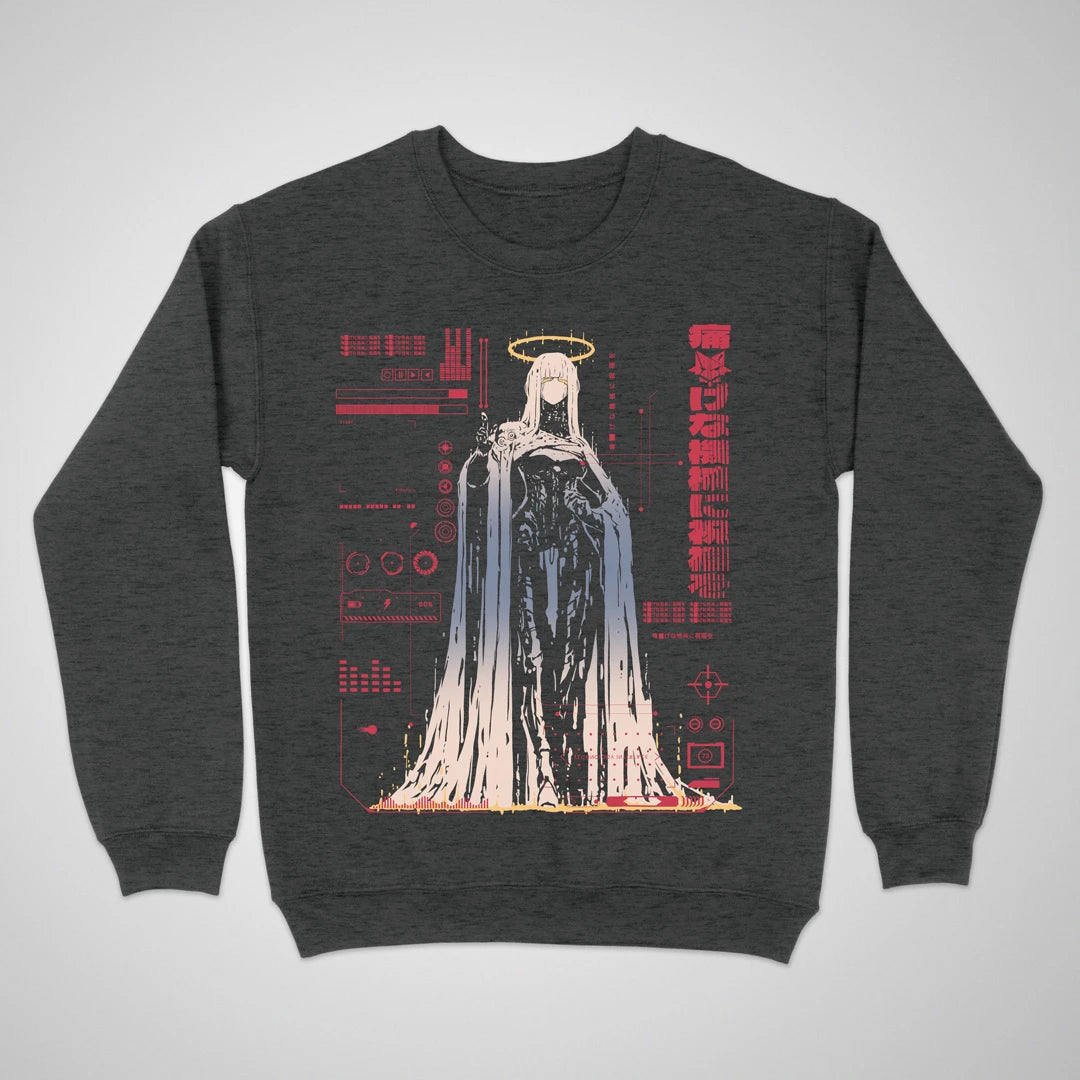 Bless The Machine — dark heather anime cyberpunk crewneck sweatshirt, haloed faceless figure melting into red HUD static