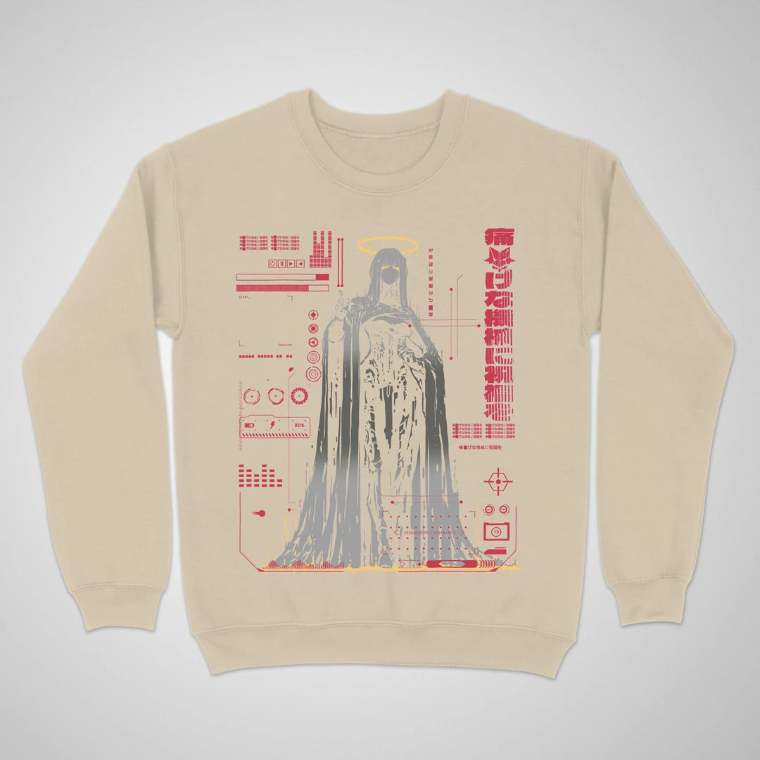 Bless The Machine — sand anime cyberpunk crewneck sweatshirt, haloed faceless figure melting into red HUD static