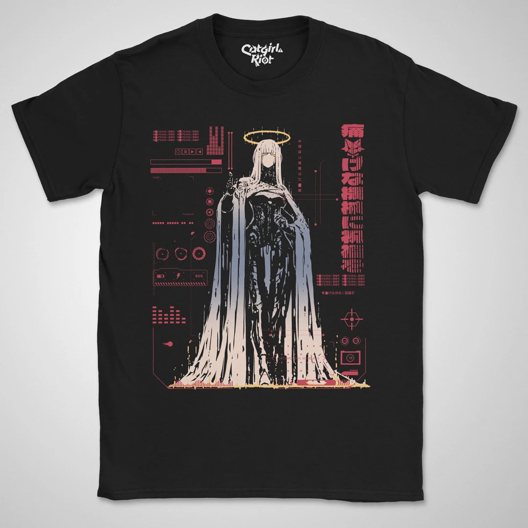 Bless The Machine — black anime cyberpunk tee, haloed faceless figure melting into red HUD static