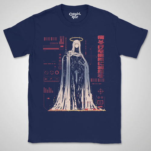 Bless The Machine — navy anime cyberpunk tee, haloed faceless figure melting into red HUD static