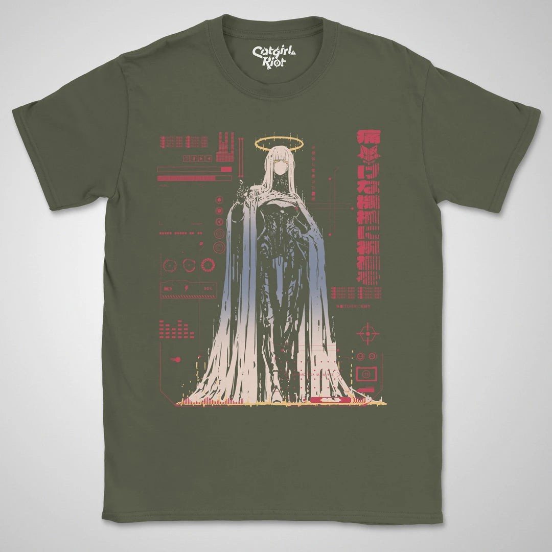 Bless The Machine — military green anime cyberpunk tee, haloed faceless figure melting into red HUD static