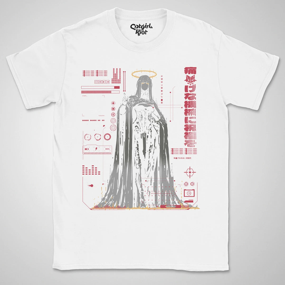 Bless The Machine — white anime cyberpunk tee, haloed faceless figure melting into red HUD static
