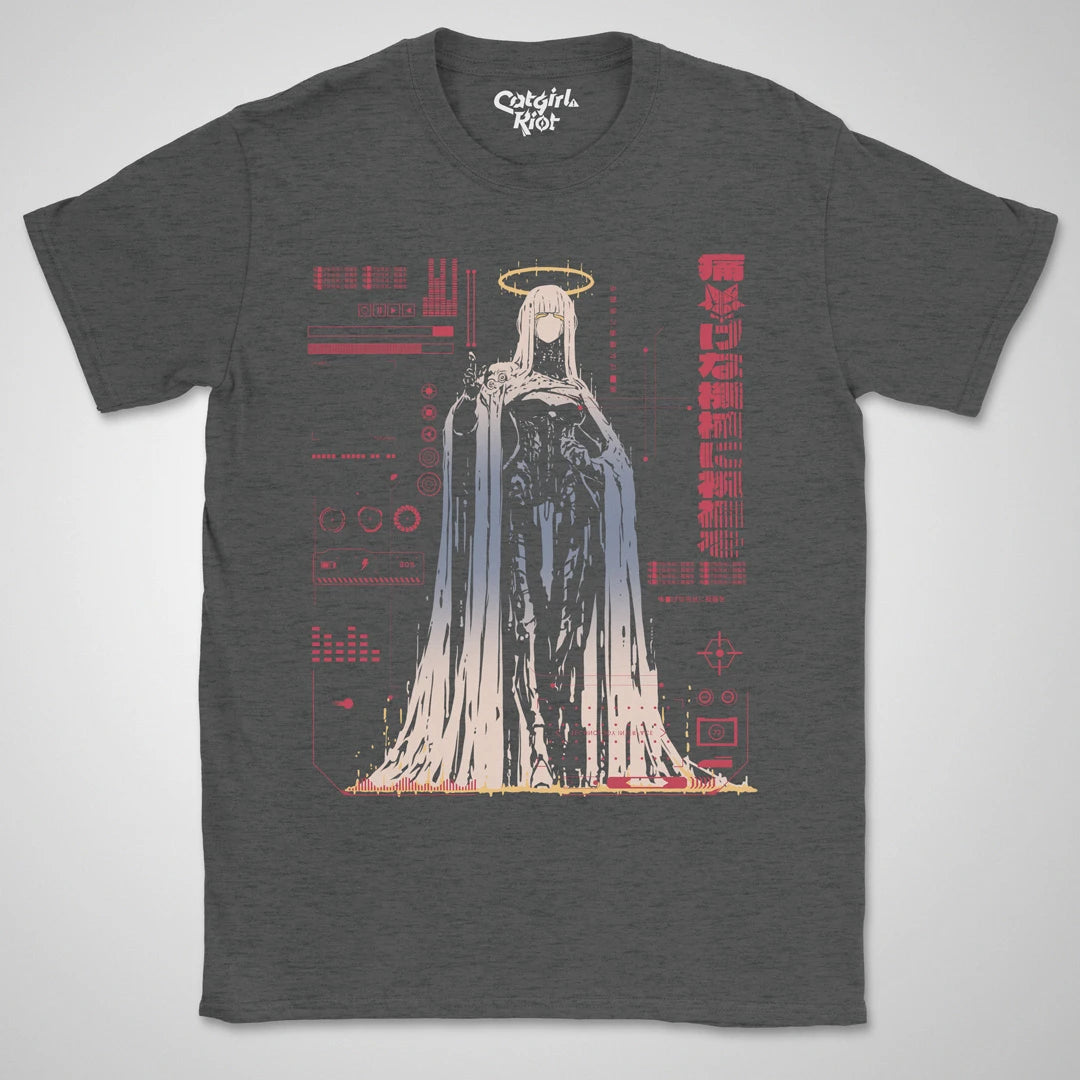 Bless The Machine — dark heather anime cyberpunk tee, haloed faceless figure melting into red HUD static