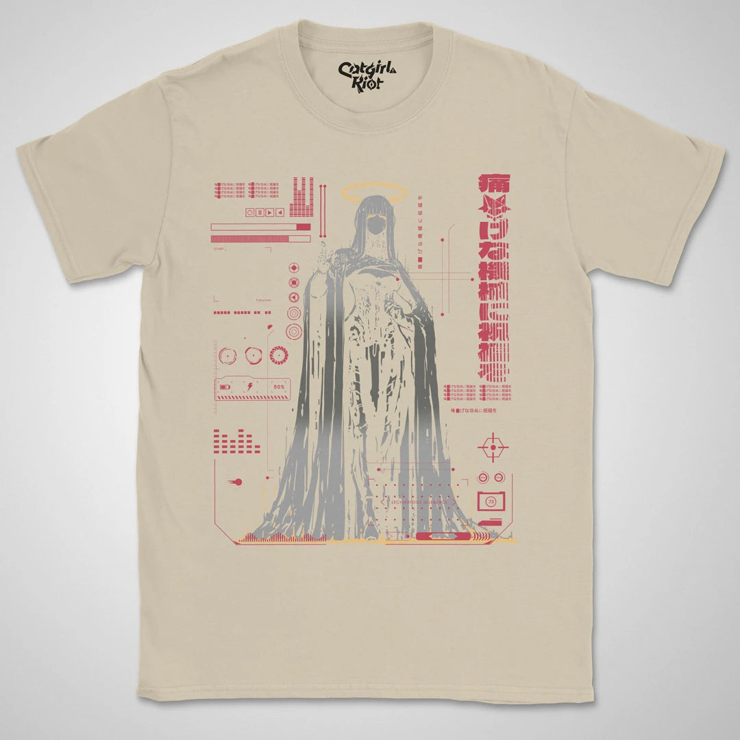 Bless The Machine — sand anime cyberpunk tee, haloed faceless figure melting into red HUD static