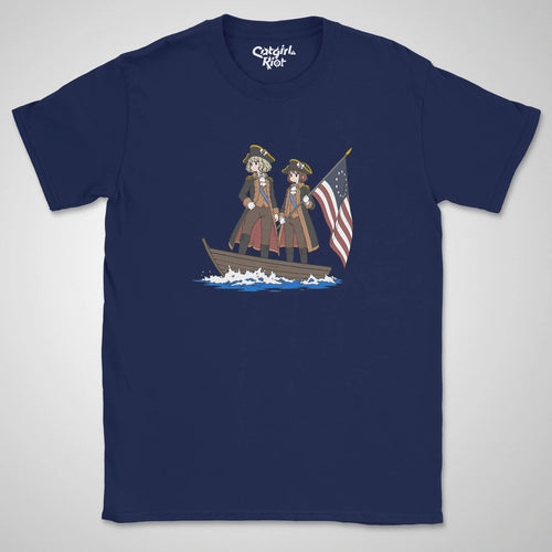 Navy T-shirt with anime girls crossing a river in a boat with an American flag on the front.