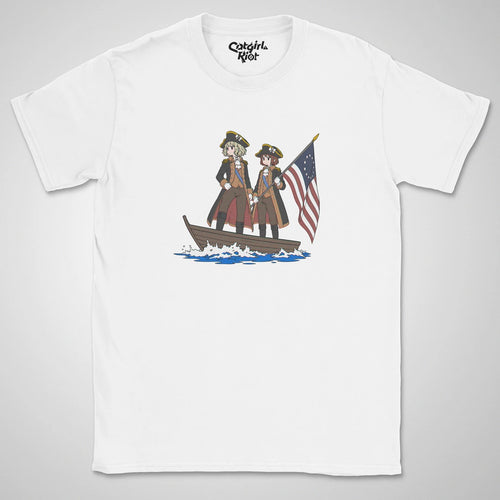 White T-shirt with anime girls crossing a river in a boat with an American flag on the front.