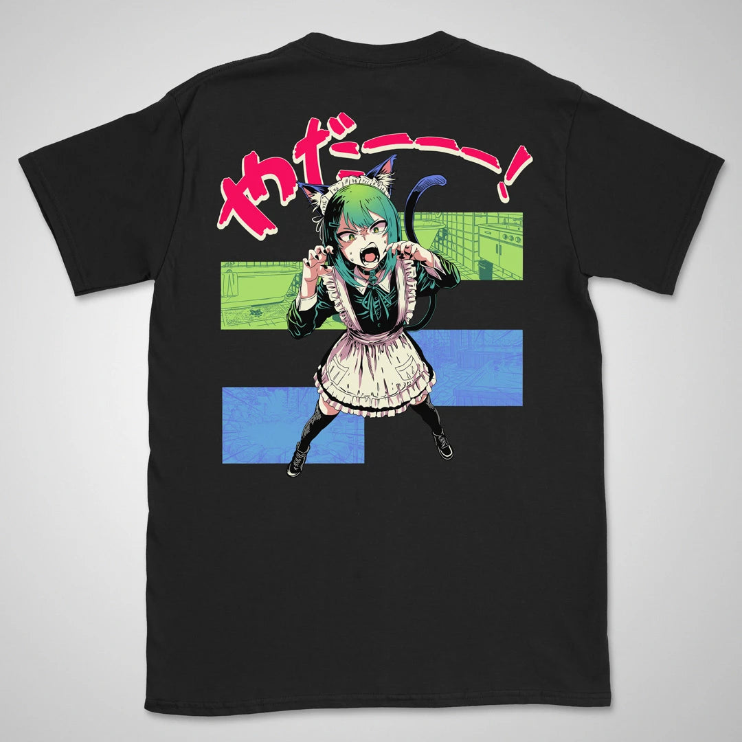 Black T-shirt with a hissing cat-eared anime maid in a bathroom, with Japanese lettering meaning "Noooo!" on the back.