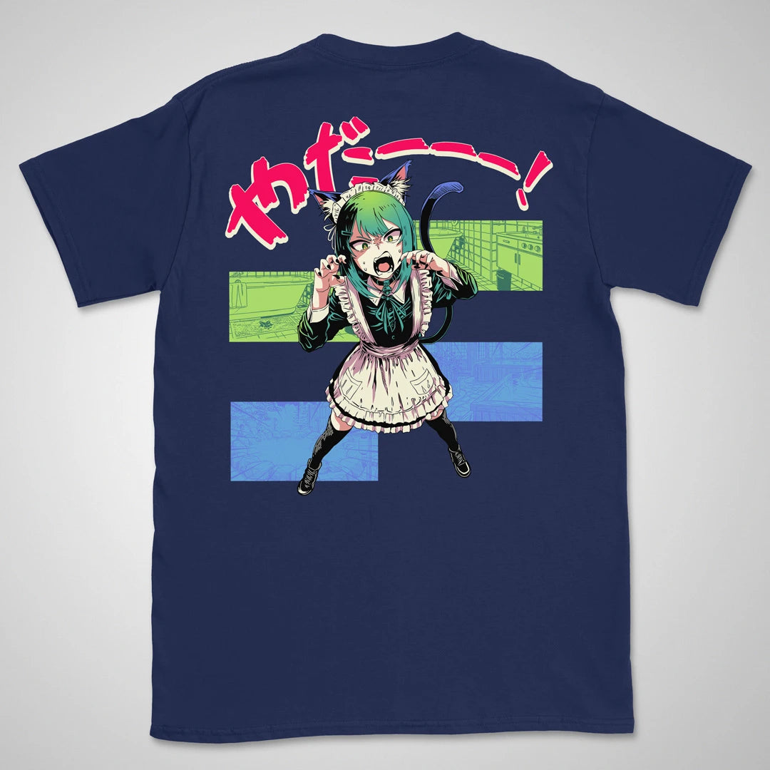 Navy T-shirt with a hissing cat-eared anime maid in a bathroom, with Japanese lettering meaning "Noooo!" on the back.