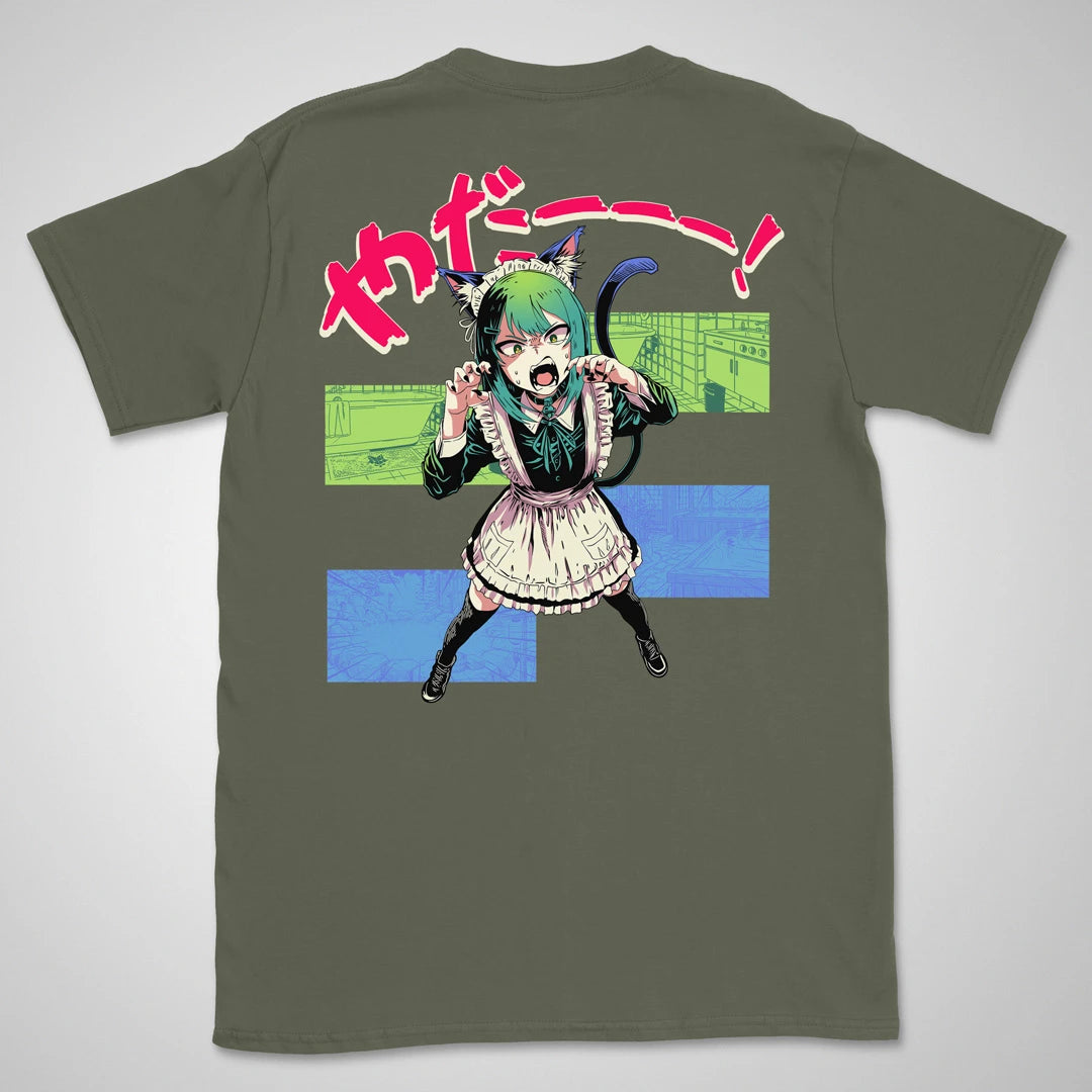 Military green T-shirt with a hissing cat-eared anime maid in a bathroom, with Japanese lettering meaning "Noooo!" on the back.