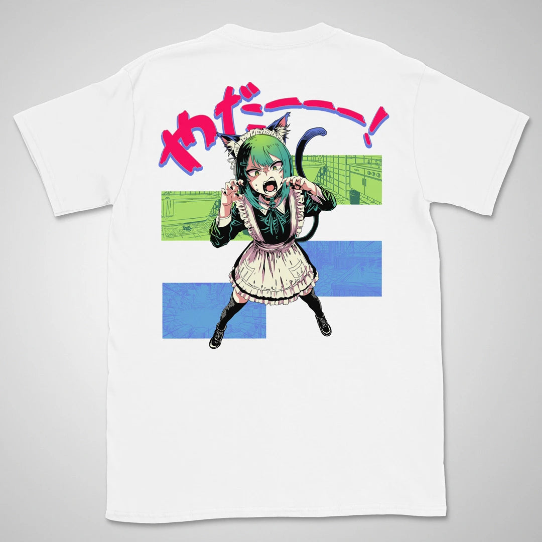 White T-shirt with a hissing cat-eared anime maid in a bathroom, with Japanese lettering meaning "Noooo!" on the back.