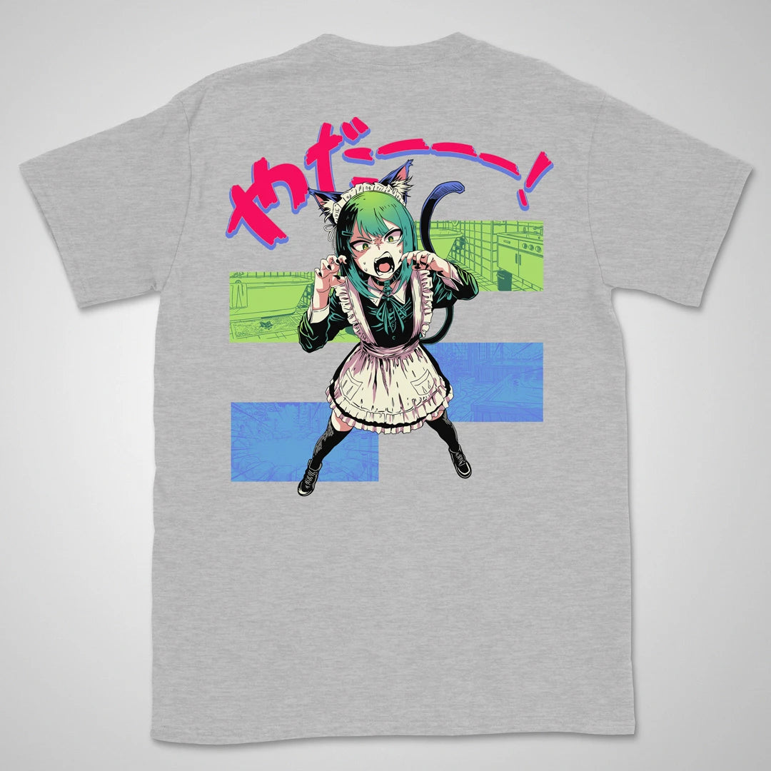 Sport grey T-shirt with a hissing cat-eared anime maid in a bathroom, with Japanese lettering meaning "Noooo!" on the back.