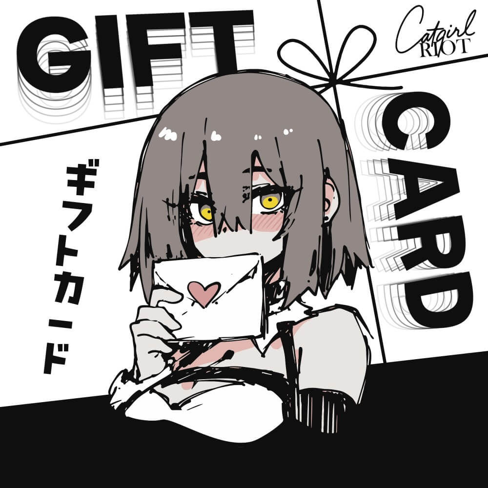 Animated character holding a gift card with 'Catgirl Riot' branding