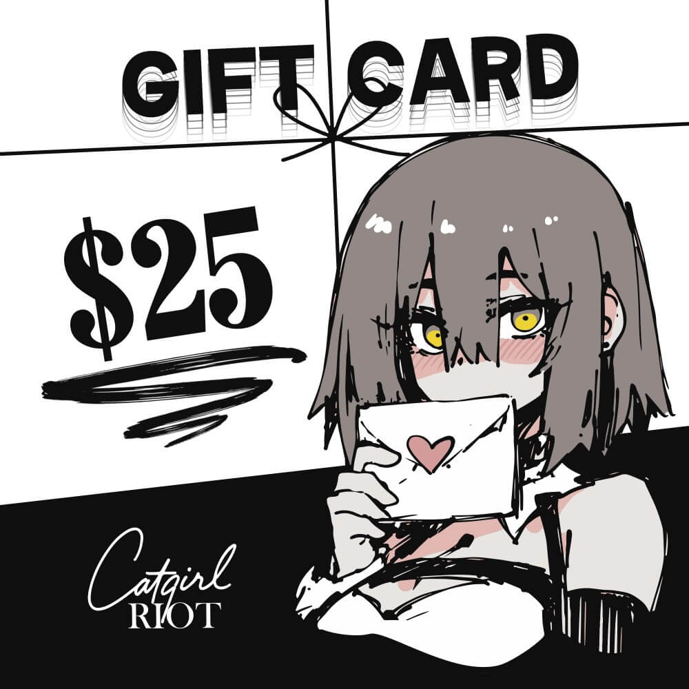 Animated character holding a gift card with $25 value and 'Catgirl Riot' branding.