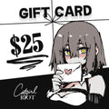 Animated character holding a gift card with $25 value and 'Catgirl Riot' branding.